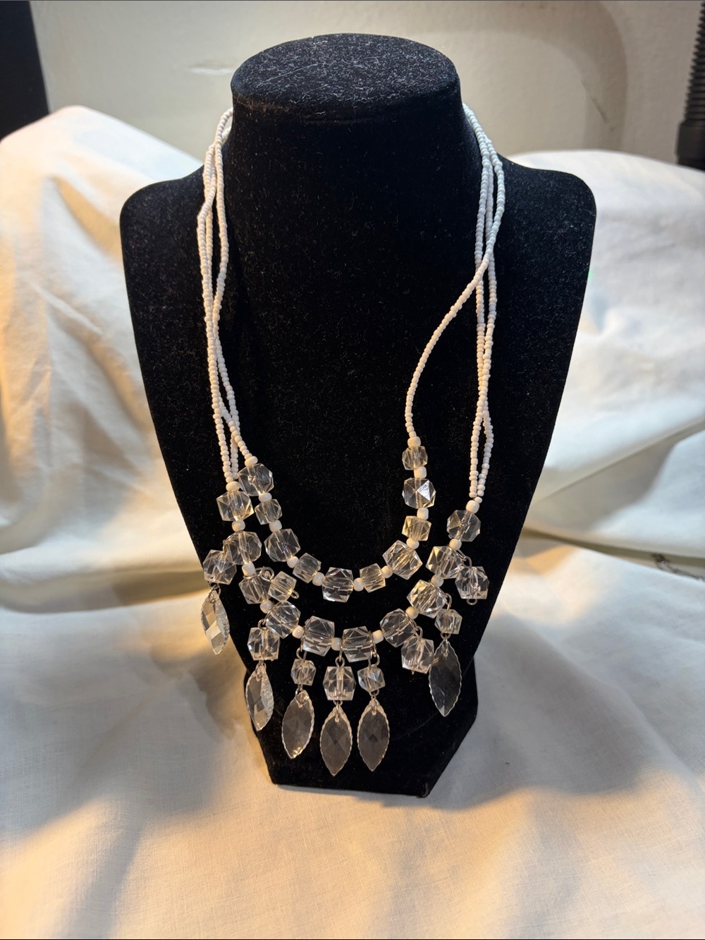 Clear Crystal Multi-Strand Drop Necklace - White